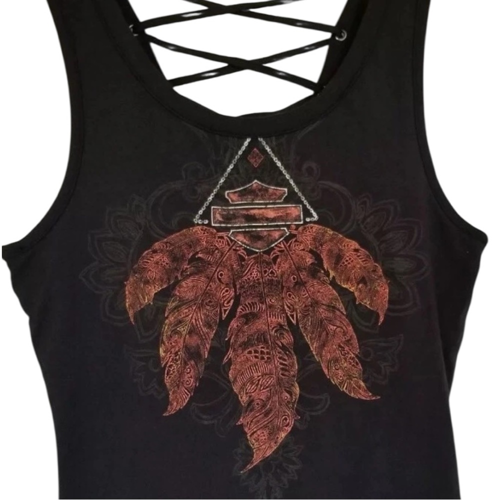 Harley Davidson Orange Feathers Bar & Shield Graphic Shelf Bra Laced Up Back Top - Picture 4 of 10